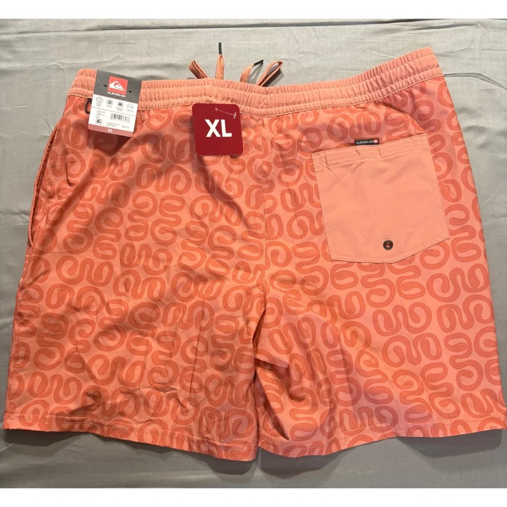 Quiksilver Mens XL Swim Trunks Coral Orange Swirl Print Mesh Lined Board Shorts